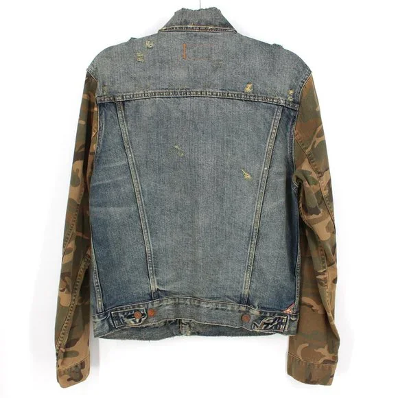 NWT Ralph Lauren Denim & Supply Distressed Denim Jacket Camo Sleeves Medium NEW - Picture 4 of 6
